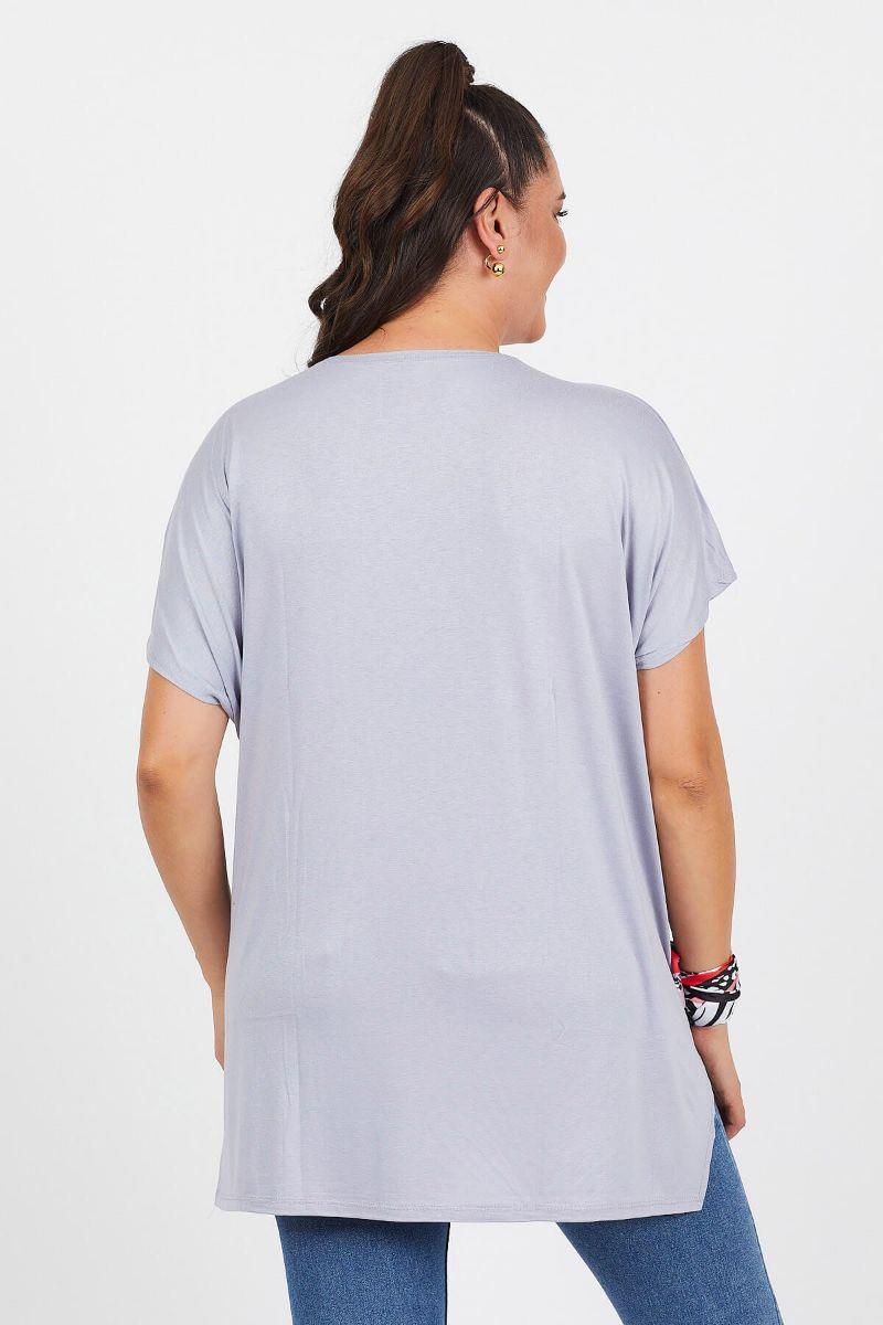 Tshirt Büyük Beden Salaş Sarmaşık Yaprak Baskılı T-Shirt Gri