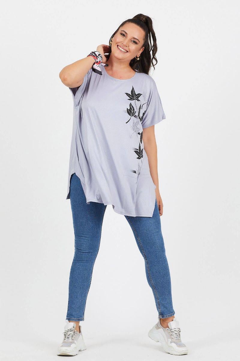 Tshirt Büyük Beden Salaş Sarmaşık Yaprak Baskılı T-Shirt Gri
