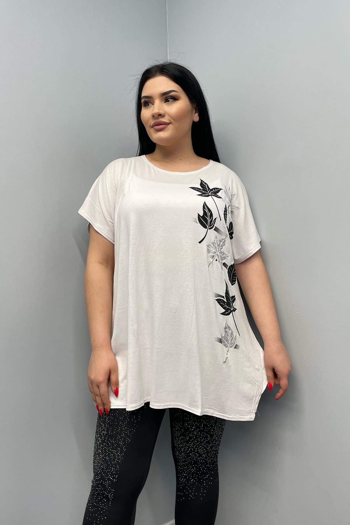Tshirt Büyük Beden Salaş Sarmaşık Yaprak Baskılı T-Shirt Beyaz