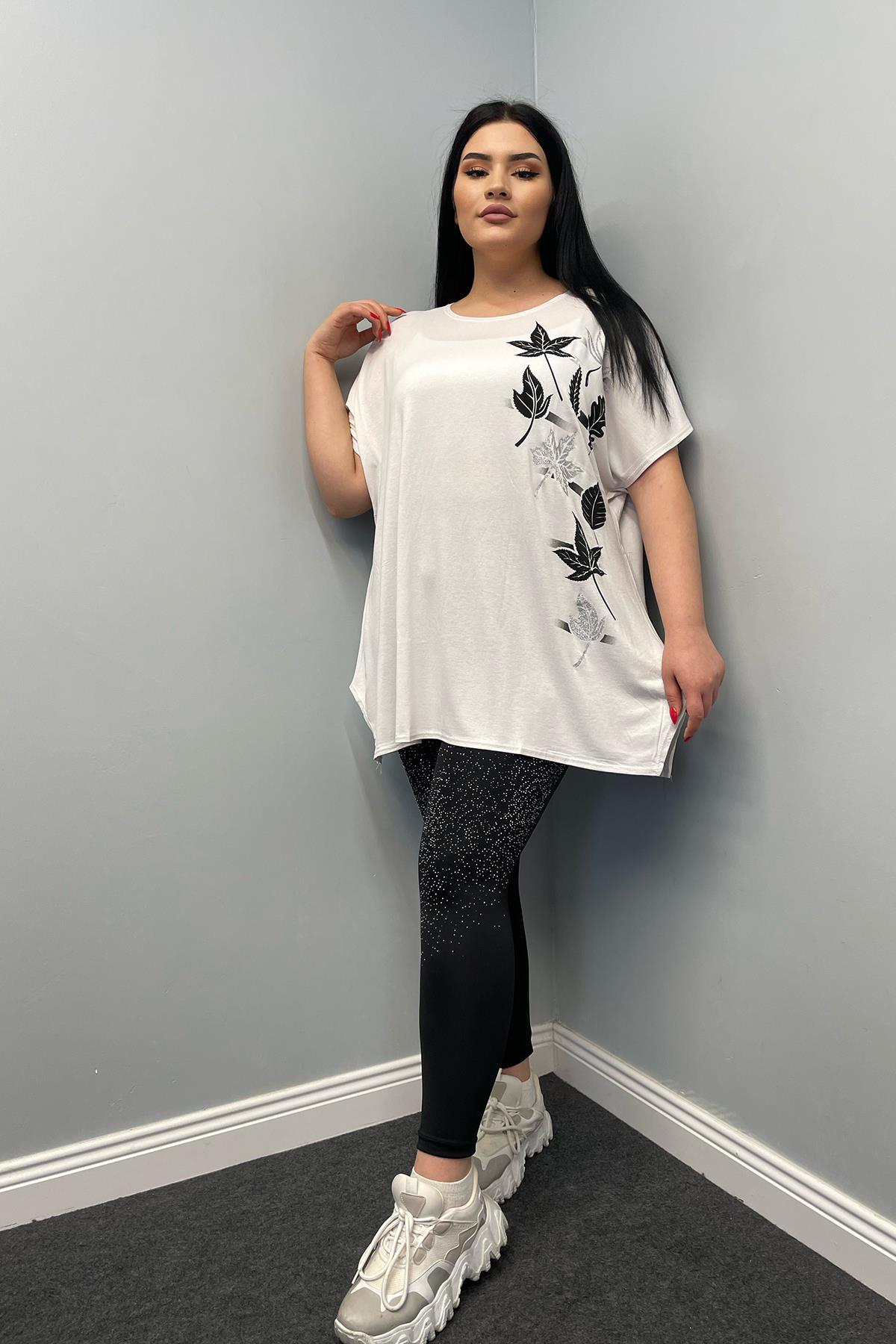 Tshirt Büyük Beden Salaş Sarmaşık Yaprak Baskılı T-Shirt Beyaz