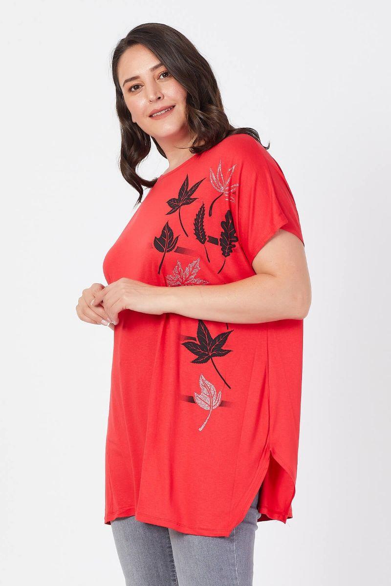 Tshirt Büyük Beden Salaş Sarmaşık Yaprak Baskılı T-Shirt Kırmızı