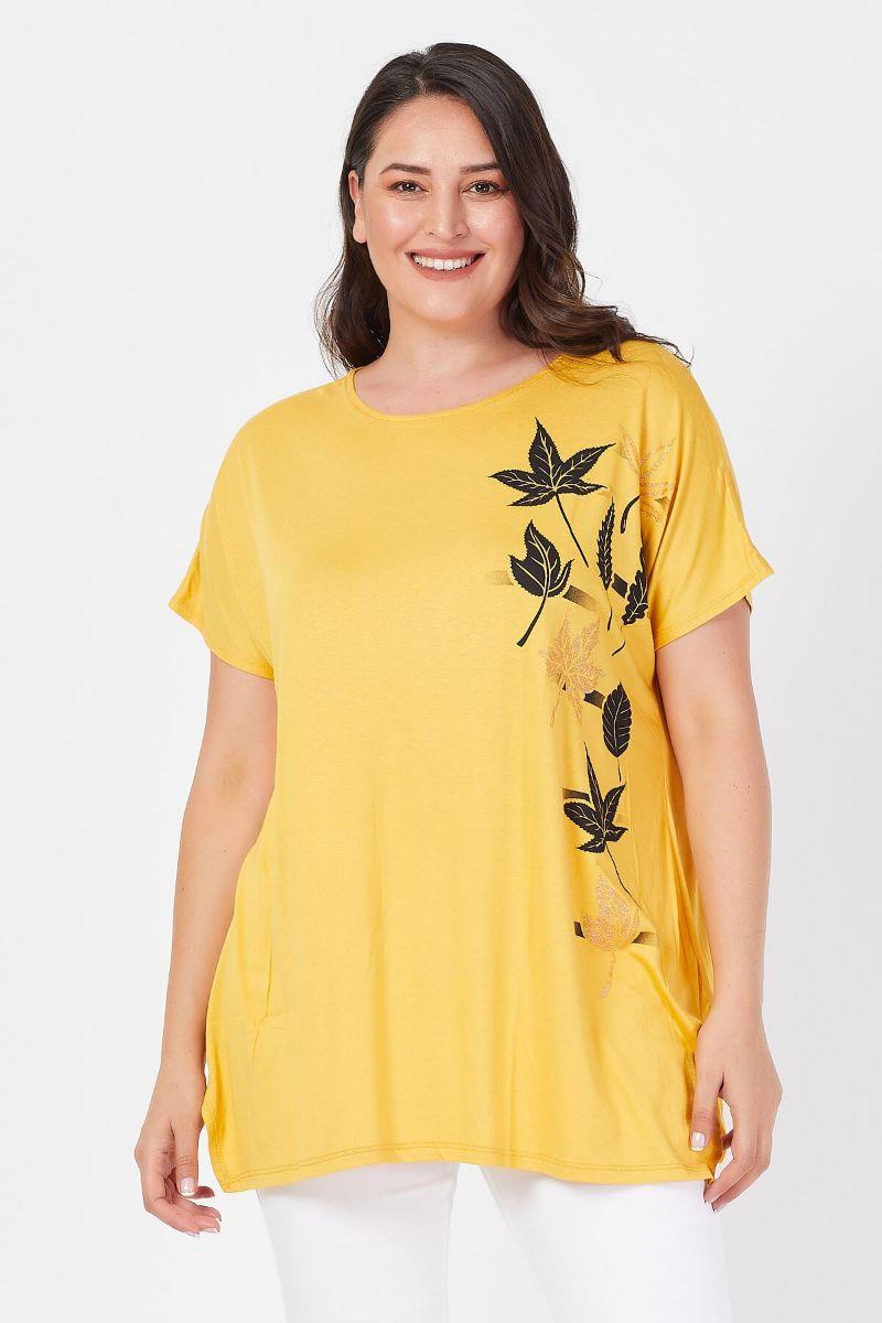 Tshirt Büyük Beden Salaş Sarmaşık Yaprak Baskılı T-Shirt Hardal