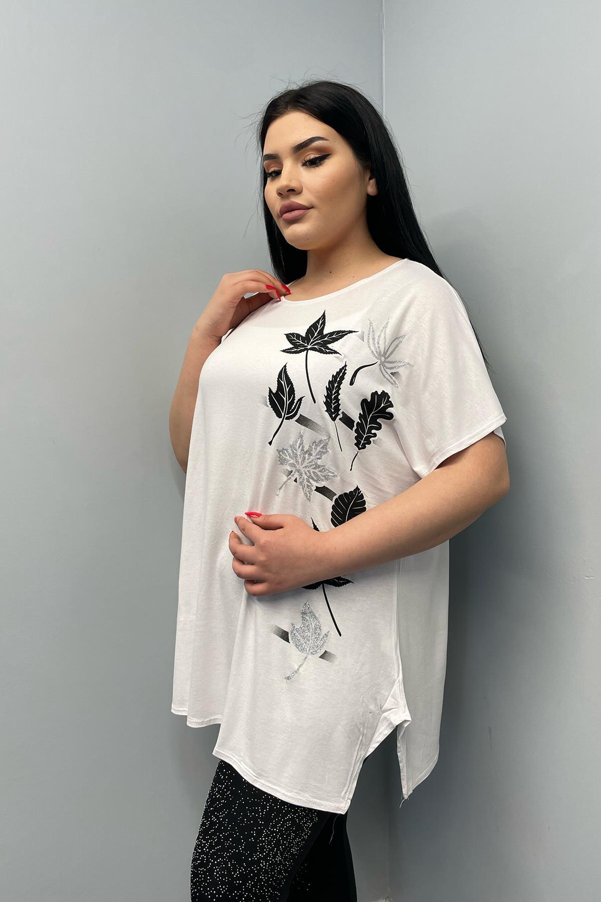 Tshirt Büyük Beden Salaş Sarmaşık Yaprak Baskılı T-Shirt Beyaz