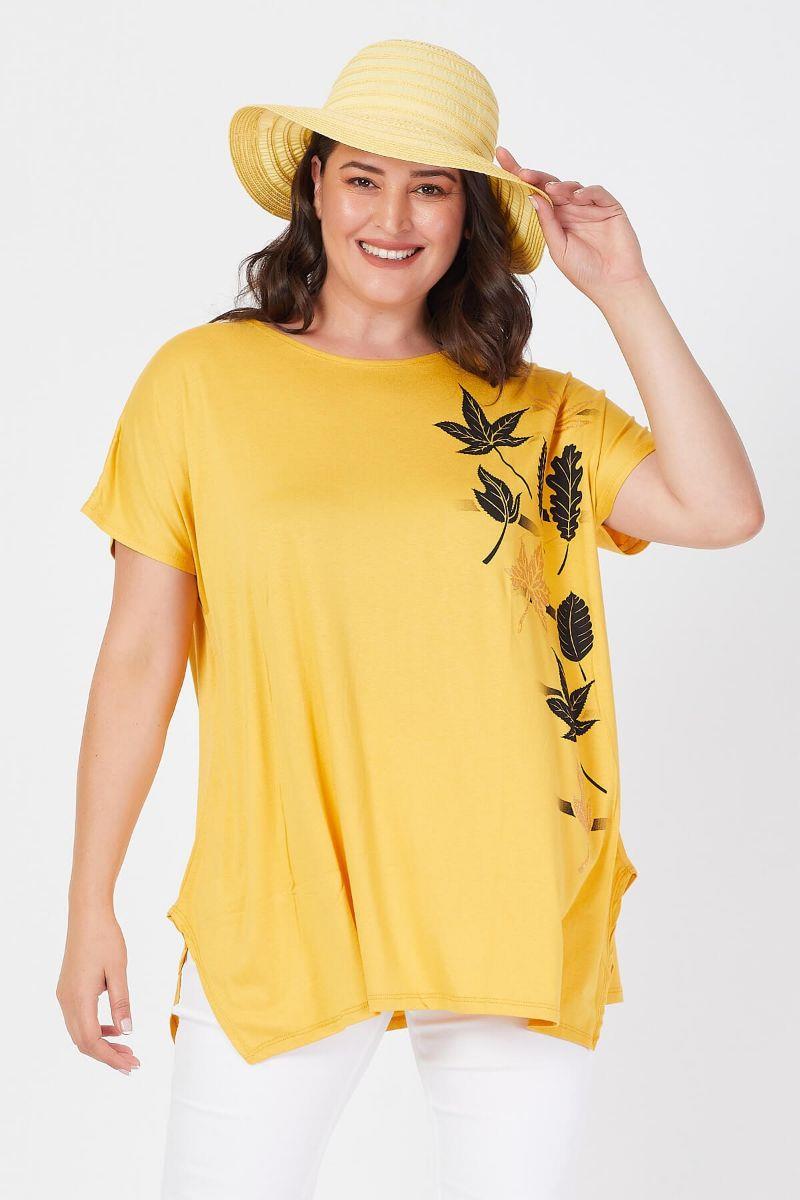 Tshirt Büyük Beden Salaş Sarmaşık Yaprak Baskılı T-Shirt Hardal