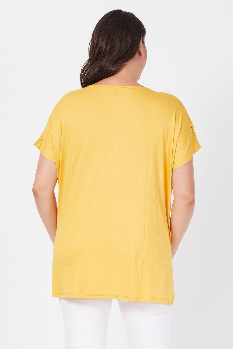 Tshirt Büyük Beden Salaş Sarmaşık Yaprak Baskılı T-Shirt Hardal