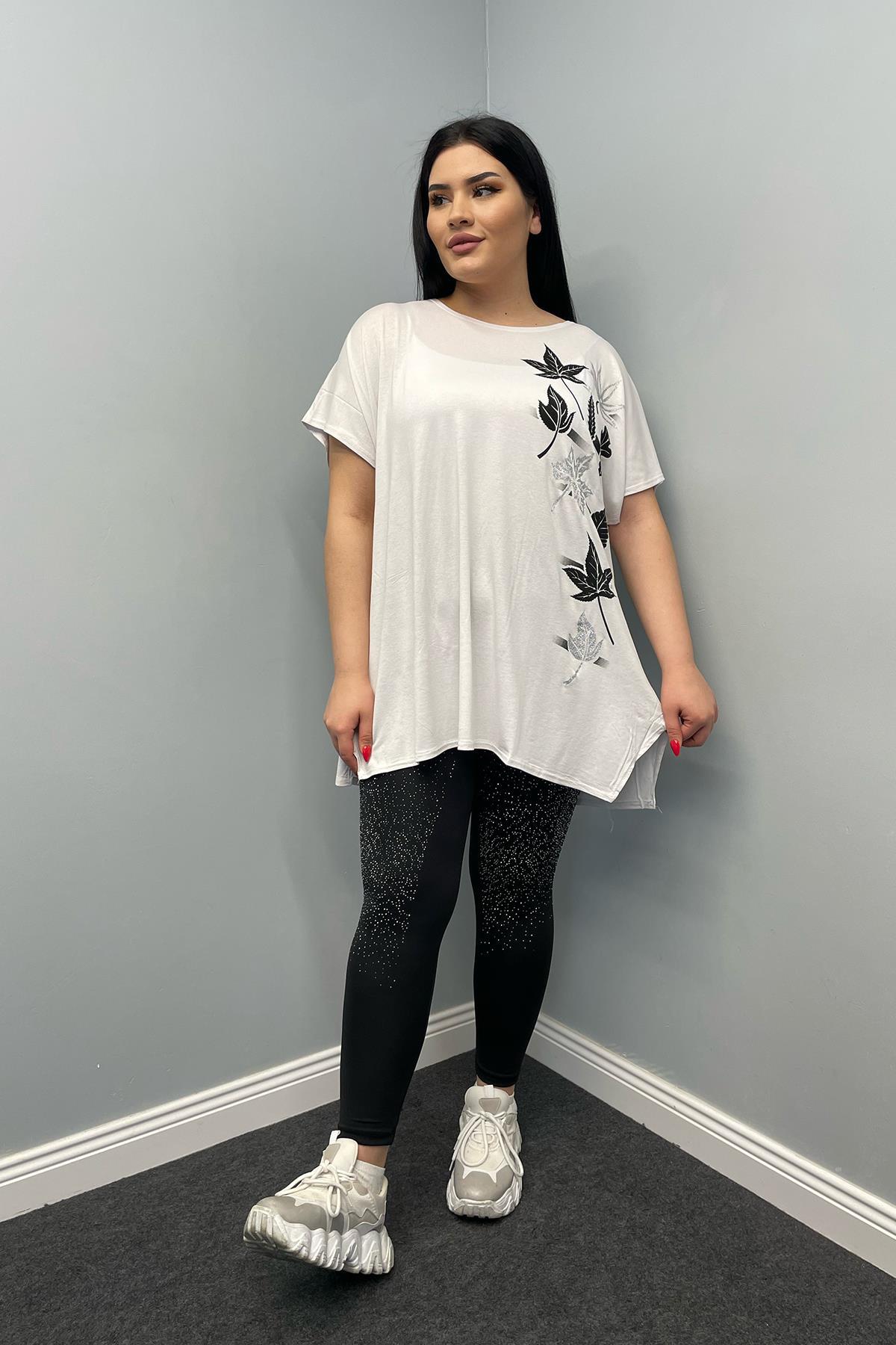 Tshirt Büyük Beden Salaş Sarmaşık Yaprak Baskılı T-Shirt Beyaz