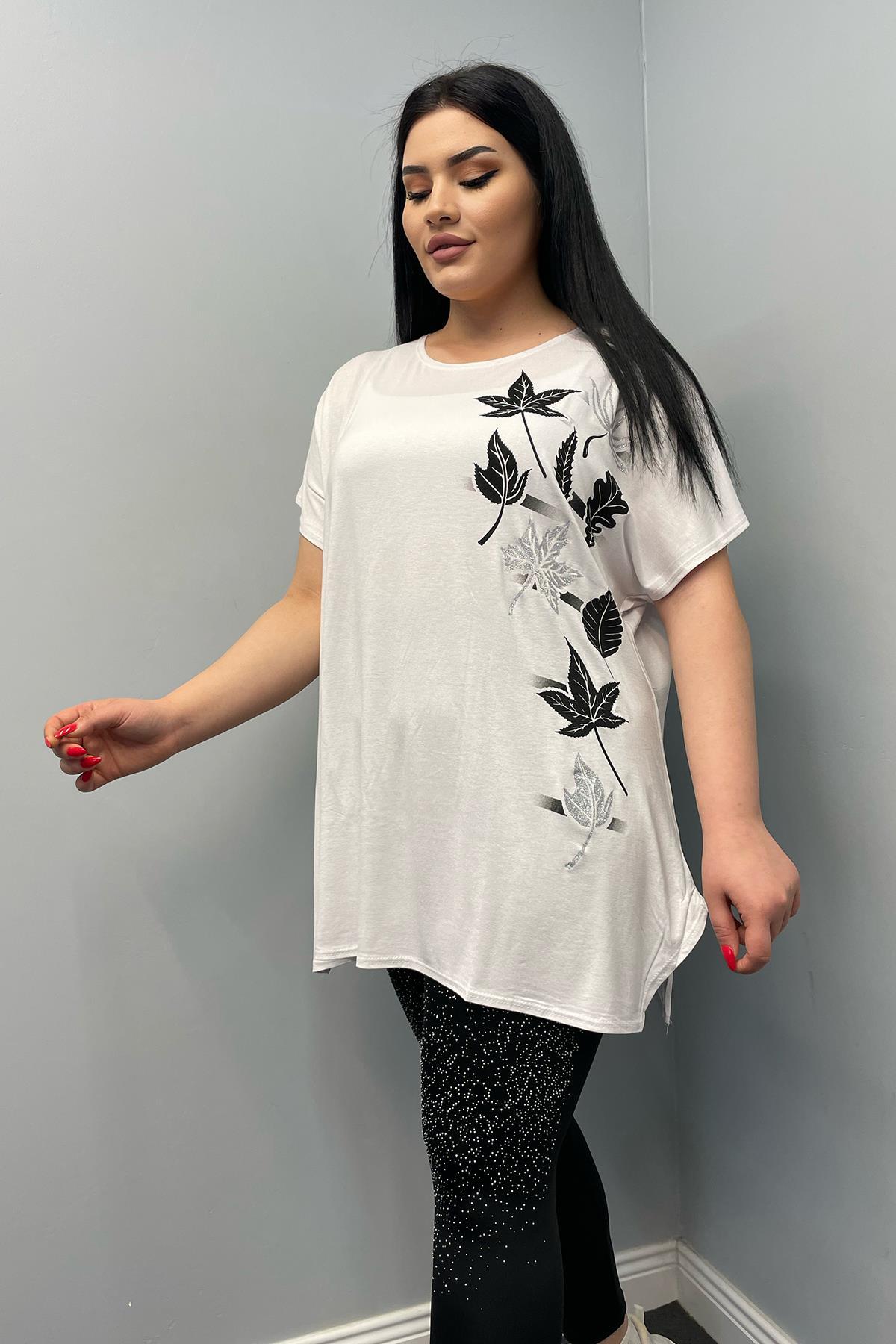 Tshirt Büyük Beden Salaş Sarmaşık Yaprak Baskılı T-Shirt Beyaz