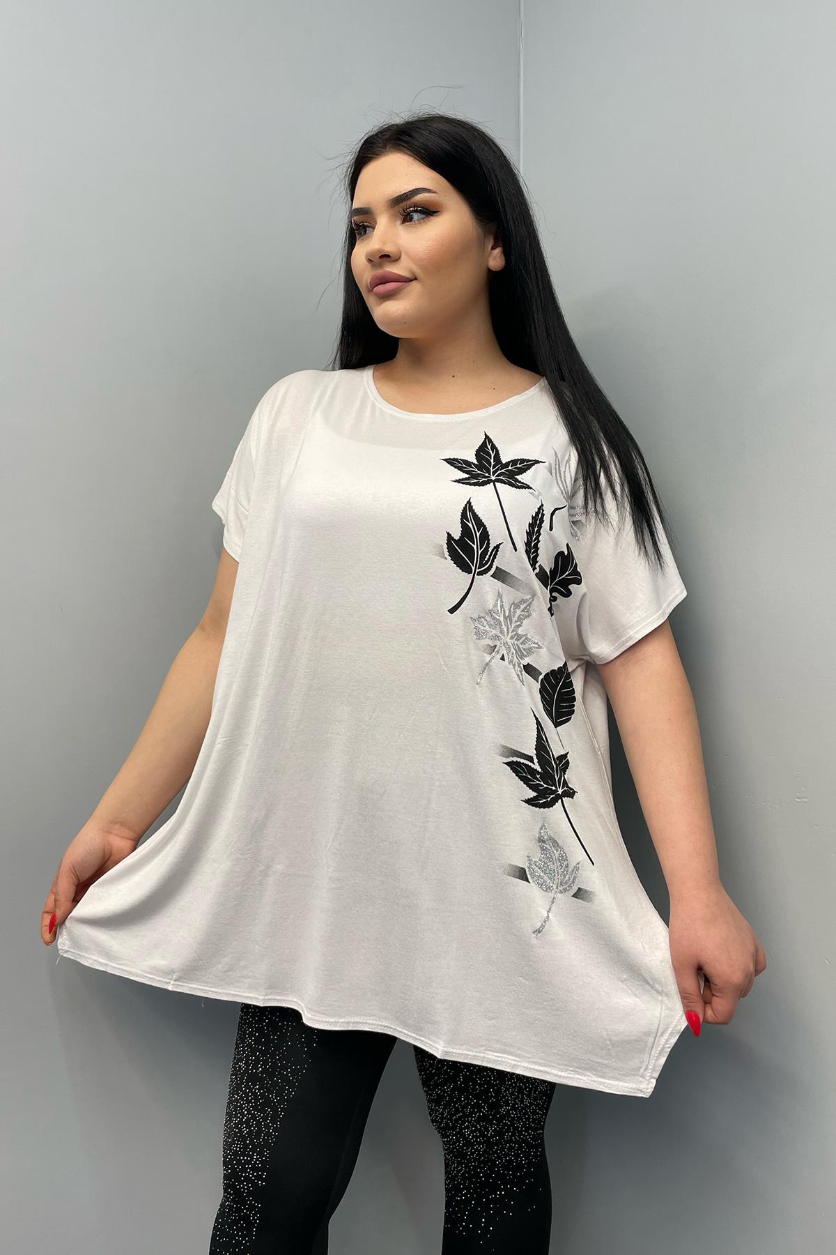 Tshirt Büyük Beden Salaş Sarmaşık Yaprak Baskılı T-Shirt Beyaz