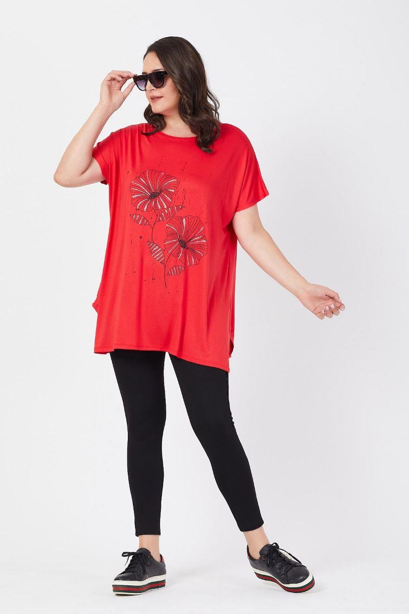 Tshirt Büyük Beden Salaş Sümbül Çiçek Baskılı T-Shirt Kırmızı