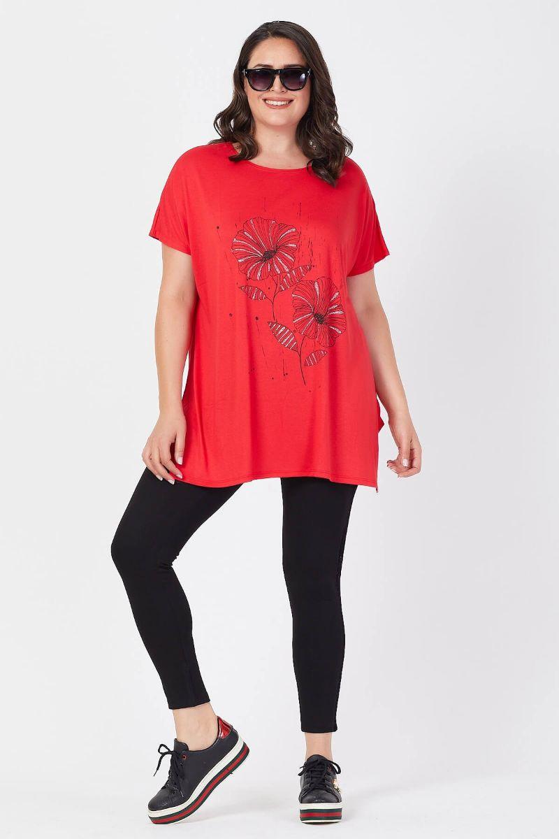 Tshirt Büyük Beden Salaş Sümbül Çiçek Baskılı T-Shirt Kırmızı
