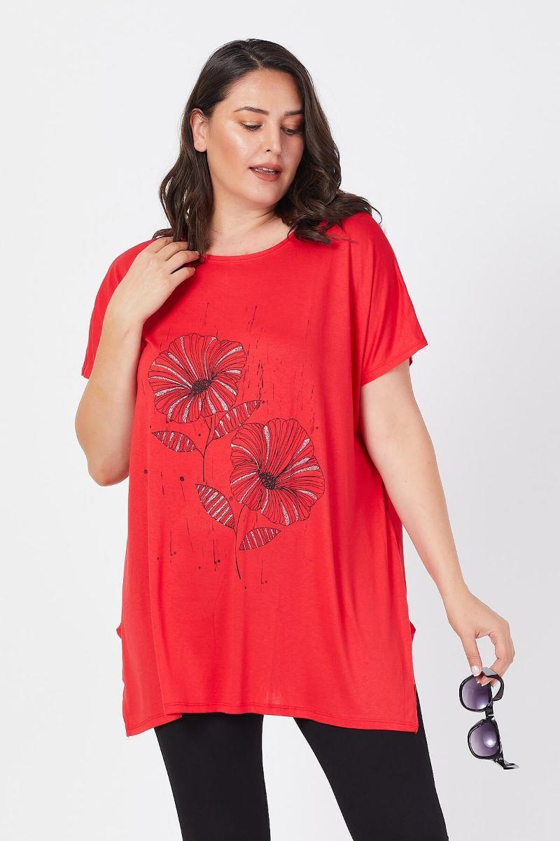 Tshirt Büyük Beden Salaş Sümbül Çiçek Baskılı T-Shirt Kırmızı