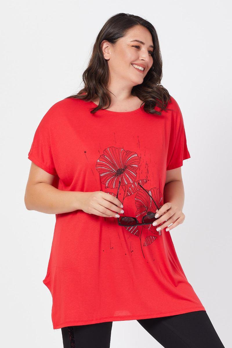 Tshirt Büyük Beden Salaş Sümbül Çiçek Baskılı T-Shirt Kırmızı