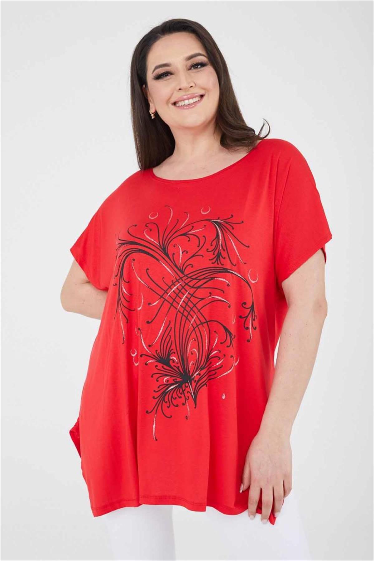 Tshirt Büyük Beden Salaş Uzun Yırtmaçlı T-Shirt Kırmızı