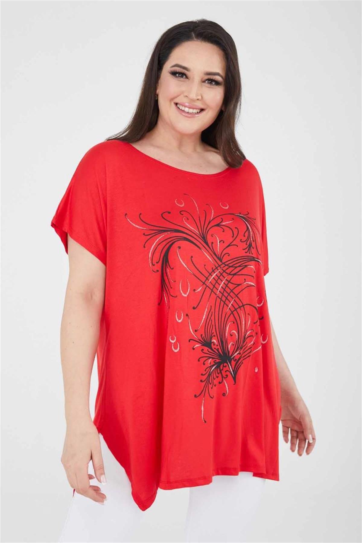 Tshirt Büyük Beden Salaş Uzun Yırtmaçlı T-Shirt Kırmızı