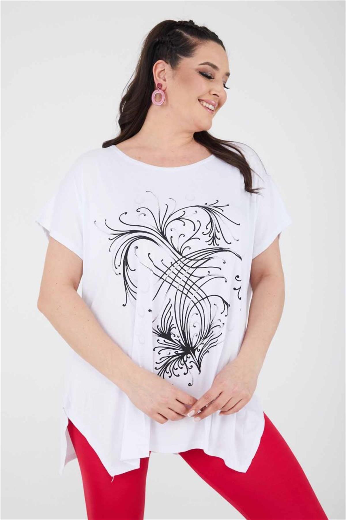 Tshirt Büyük Beden Salaş Uzun Yırtmaçlı T-Shirt Beyaz