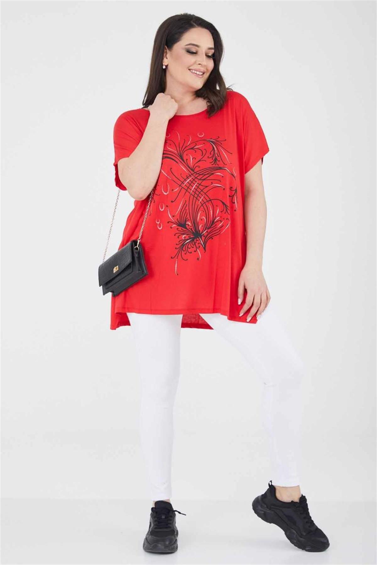 Tshirt Büyük Beden Salaş Uzun Yırtmaçlı T-Shirt Kırmızı