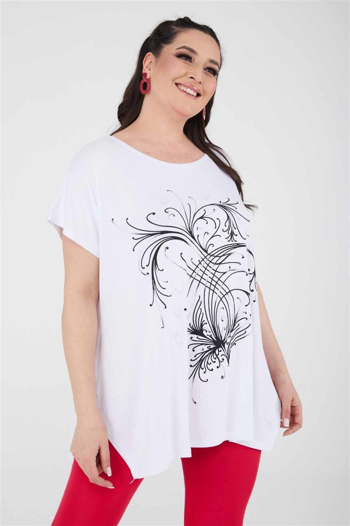 Tshirt Büyük Beden Salaş Uzun Yırtmaçlı T-Shirt Beyaz