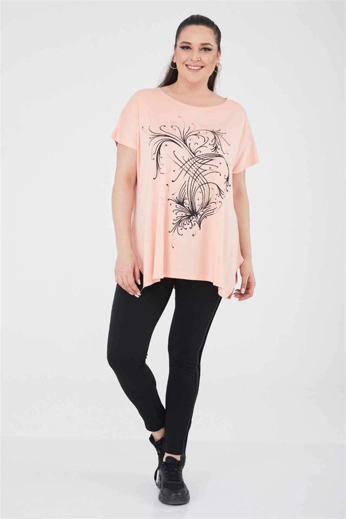 Tshirt Büyük Beden Salaş Uzun Yırtmaçlı T-Shirt Yavruağzı