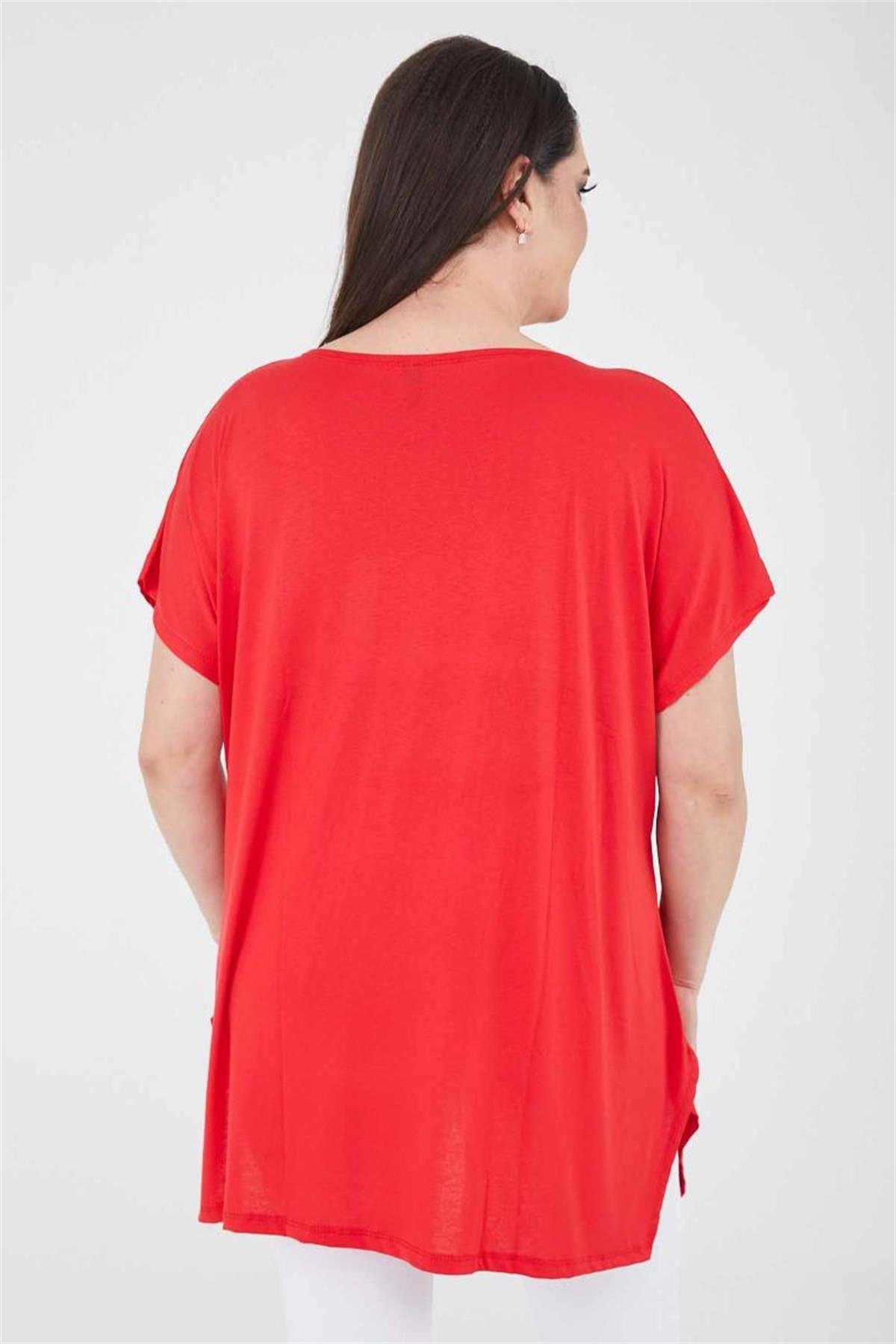 Tshirt Büyük Beden Salaş Uzun Yırtmaçlı T-Shirt Kırmızı