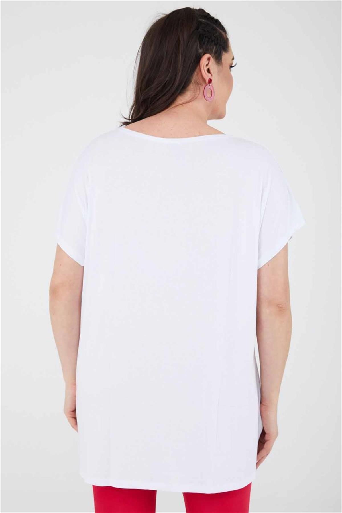 Tshirt Büyük Beden Salaş Uzun Yırtmaçlı T-Shirt Beyaz
