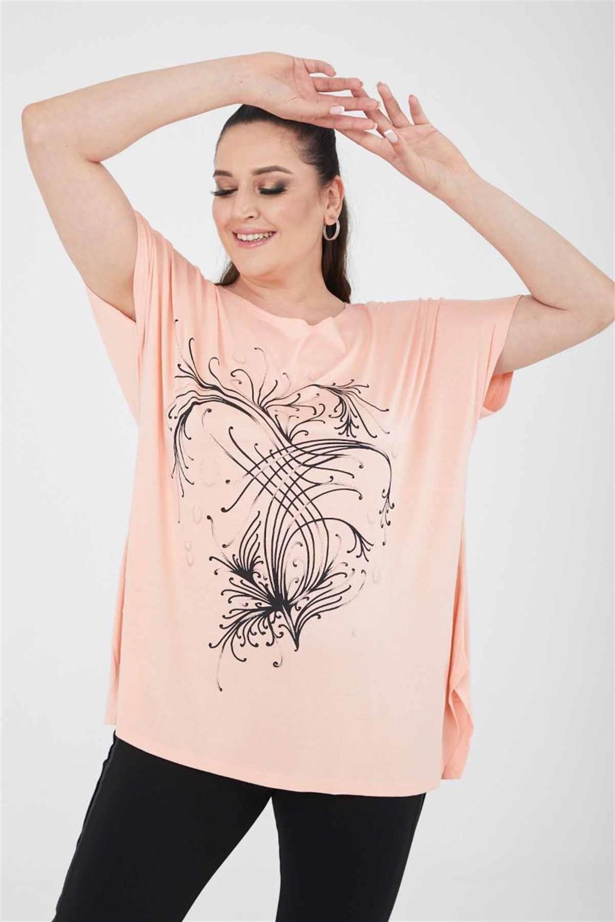 Tshirt Büyük Beden Salaş Uzun Yırtmaçlı T-Shirt Yavruağzı