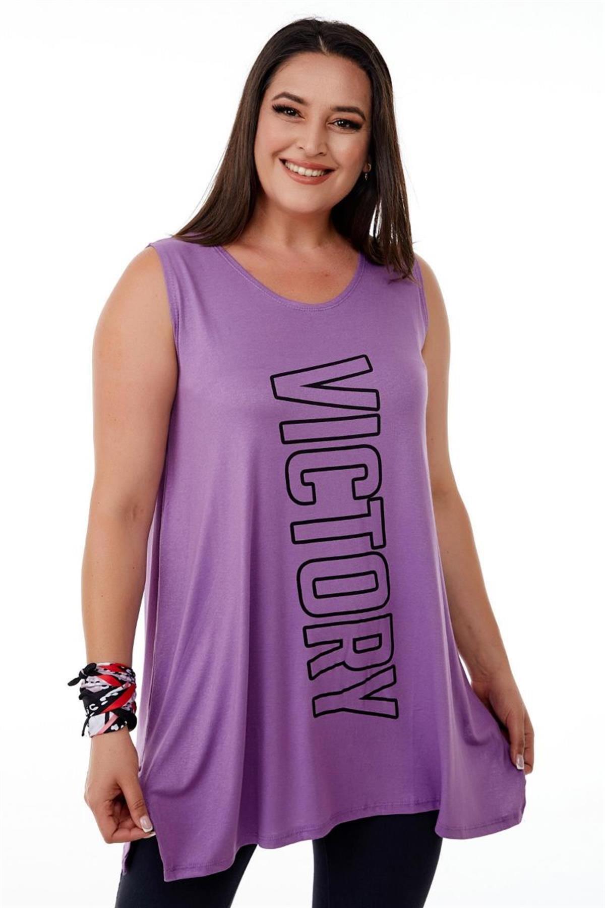 Tshirt Büyük Beden Salaş Victory Baskılı Kolsuz T-Shirt Lila