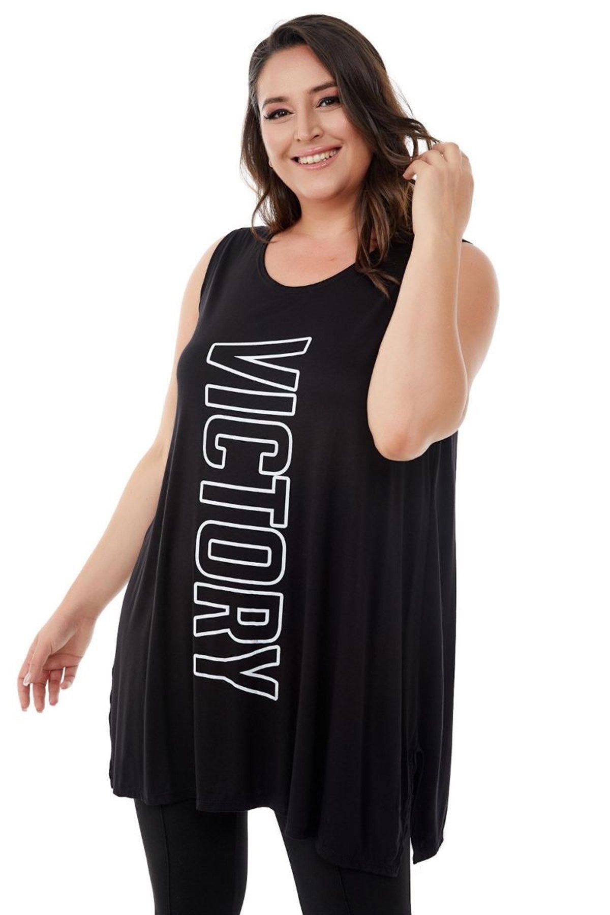 Tshirt Büyük Beden Salaş Victory Baskılı Kolsuz T-Shirt Siyah