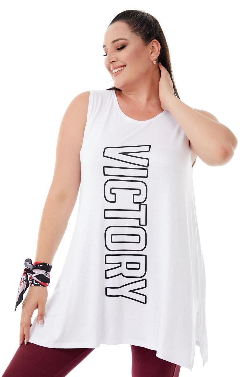 Tshirt Büyük Beden Salaş Victory Baskılı Kolsuz T-Shirt Beyaz