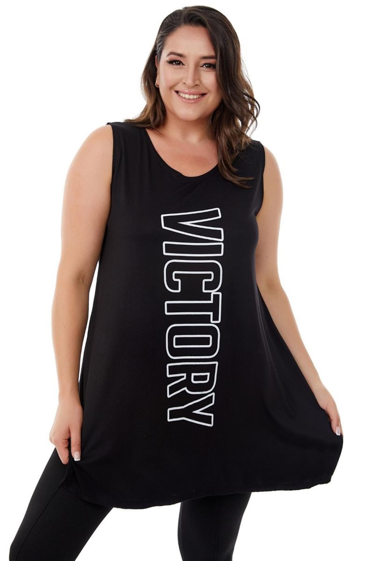 Tshirt Büyük Beden Salaş Victory Baskılı Kolsuz T-Shirt Siyah
