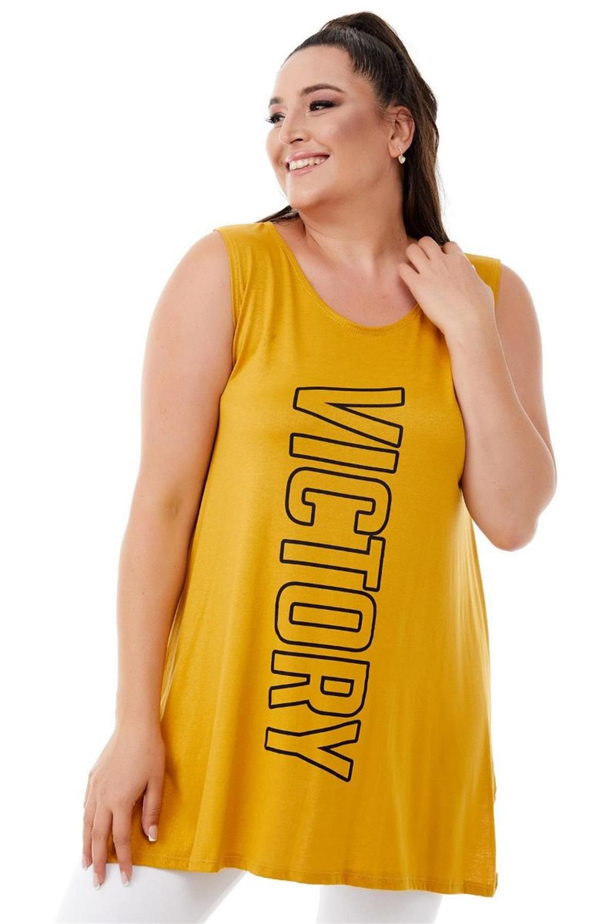 Tshirt Büyük Beden Salaş Victory Baskılı Kolsuz T-Shirt Hardal