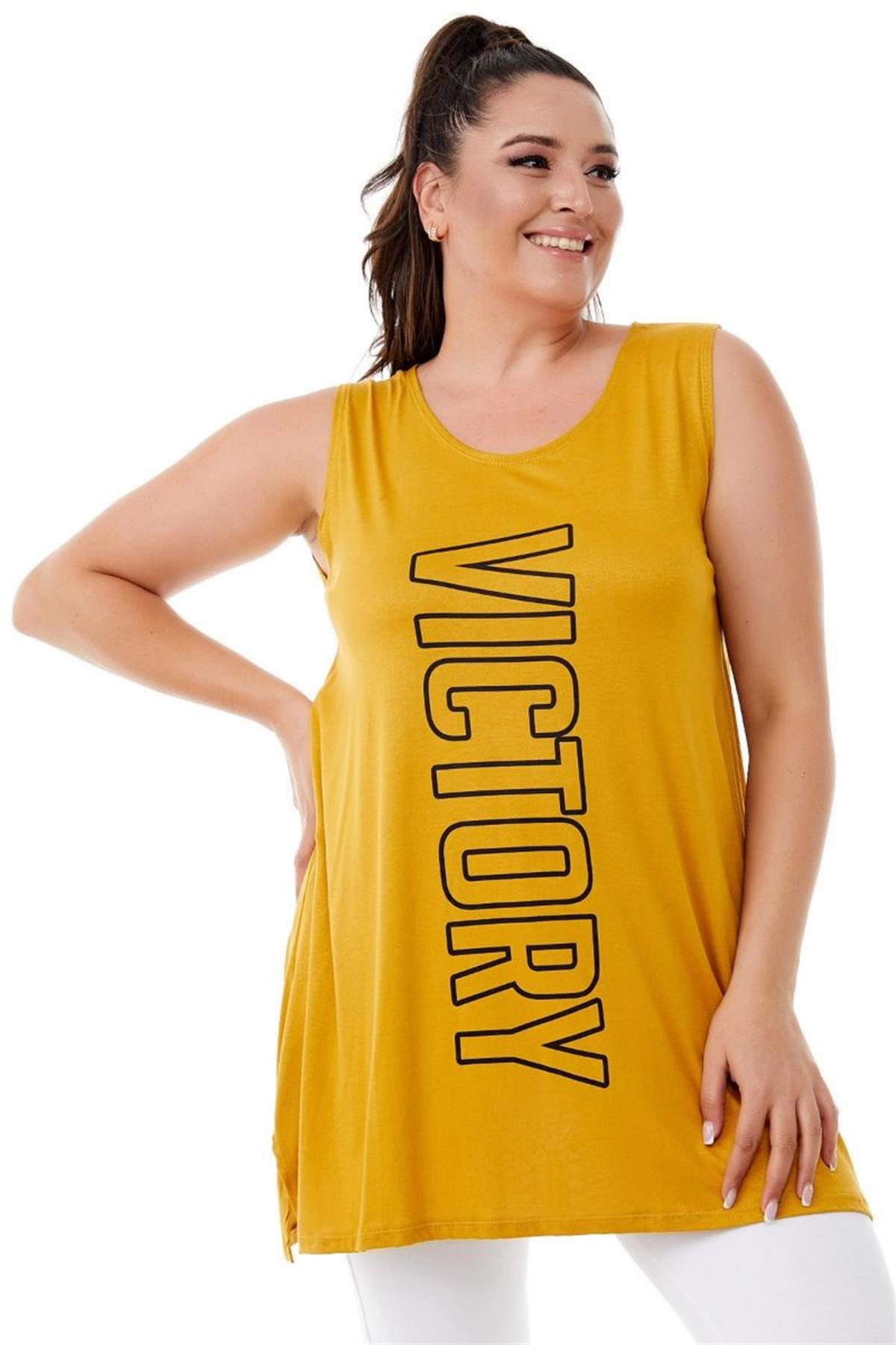 Tshirt Büyük Beden Salaş Victory Baskılı Kolsuz T-Shirt Hardal