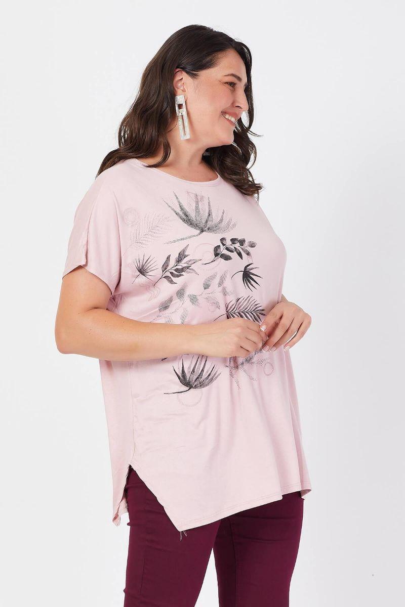 Tshirt Büyük Beden Salaş Yaprak Baskılı T-Shirt Pudra