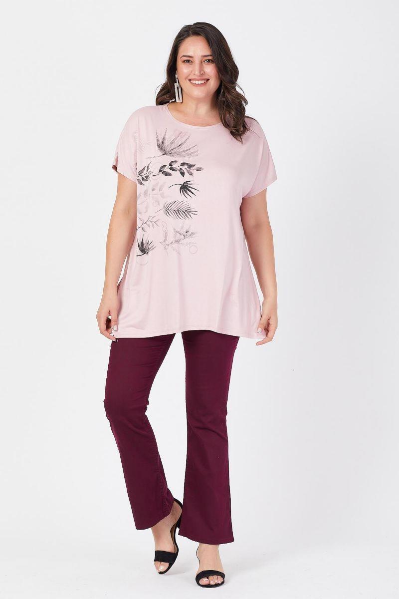 Tshirt Büyük Beden Salaş Yaprak Baskılı T-Shirt Pudra