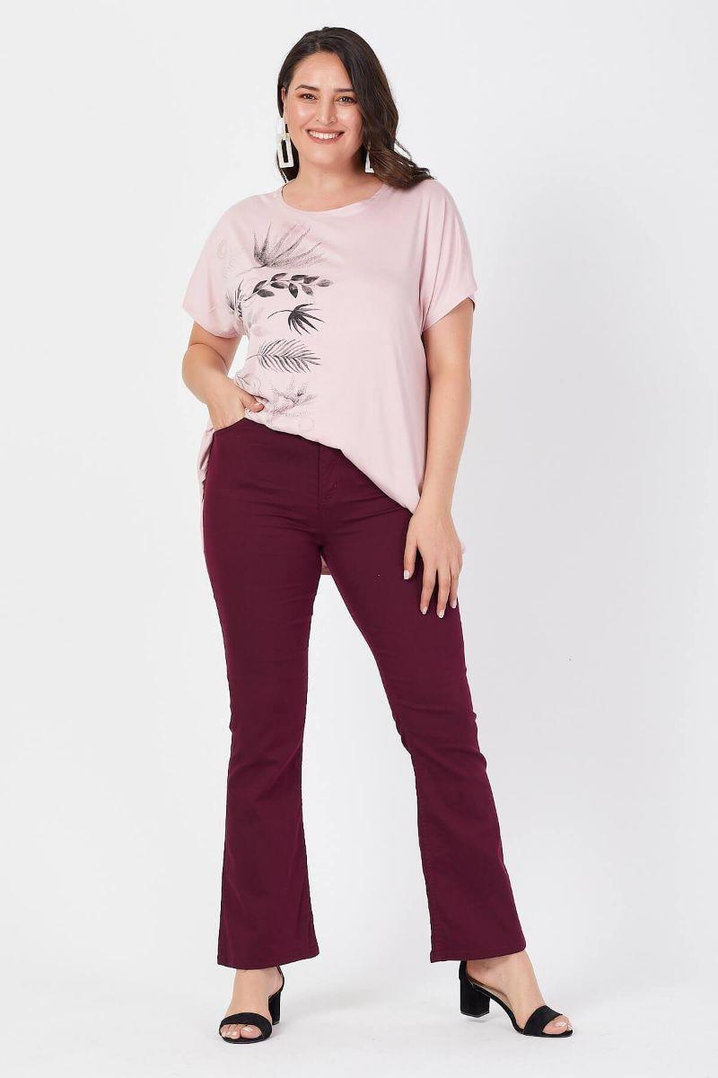 Tshirt Büyük Beden Salaş Yaprak Baskılı T-Shirt Pudra