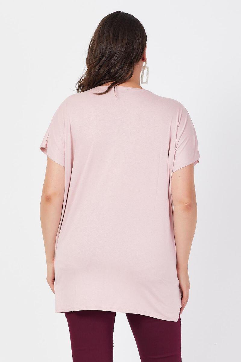 Tshirt Büyük Beden Salaş Yaprak Baskılı T-Shirt Pudra