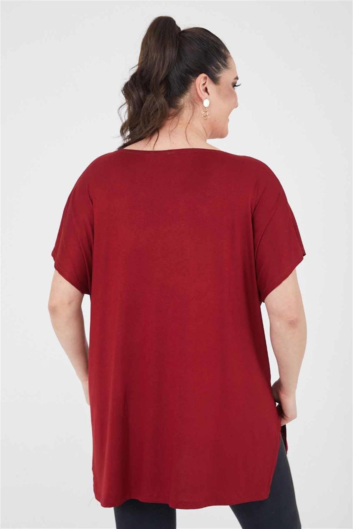 Tshirt Büyük Beden Salaş Yuvarlak Baskı Simli T-Shirt Bordo