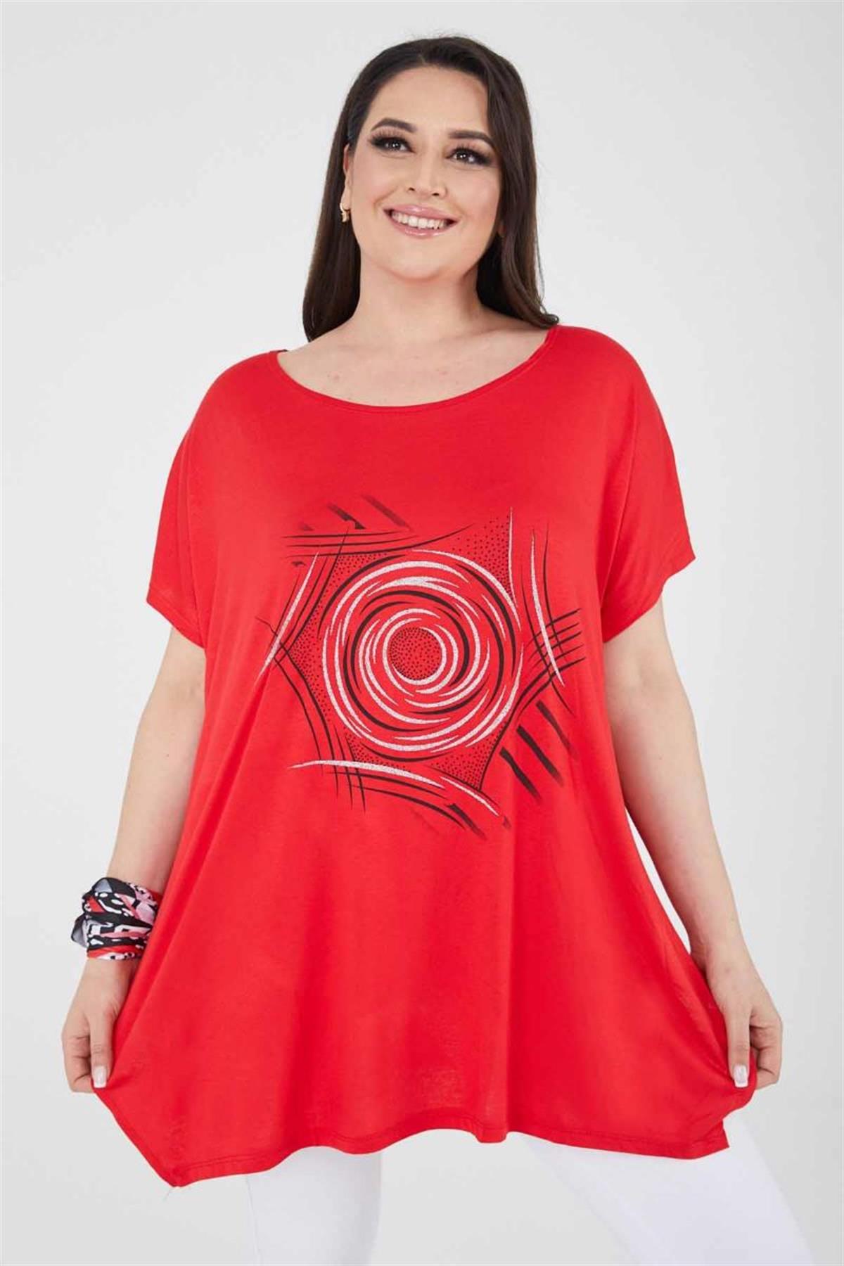 Tshirt Büyük Beden Salaş Yuvarlak Baskı Simli T-Shirt Kırmızı