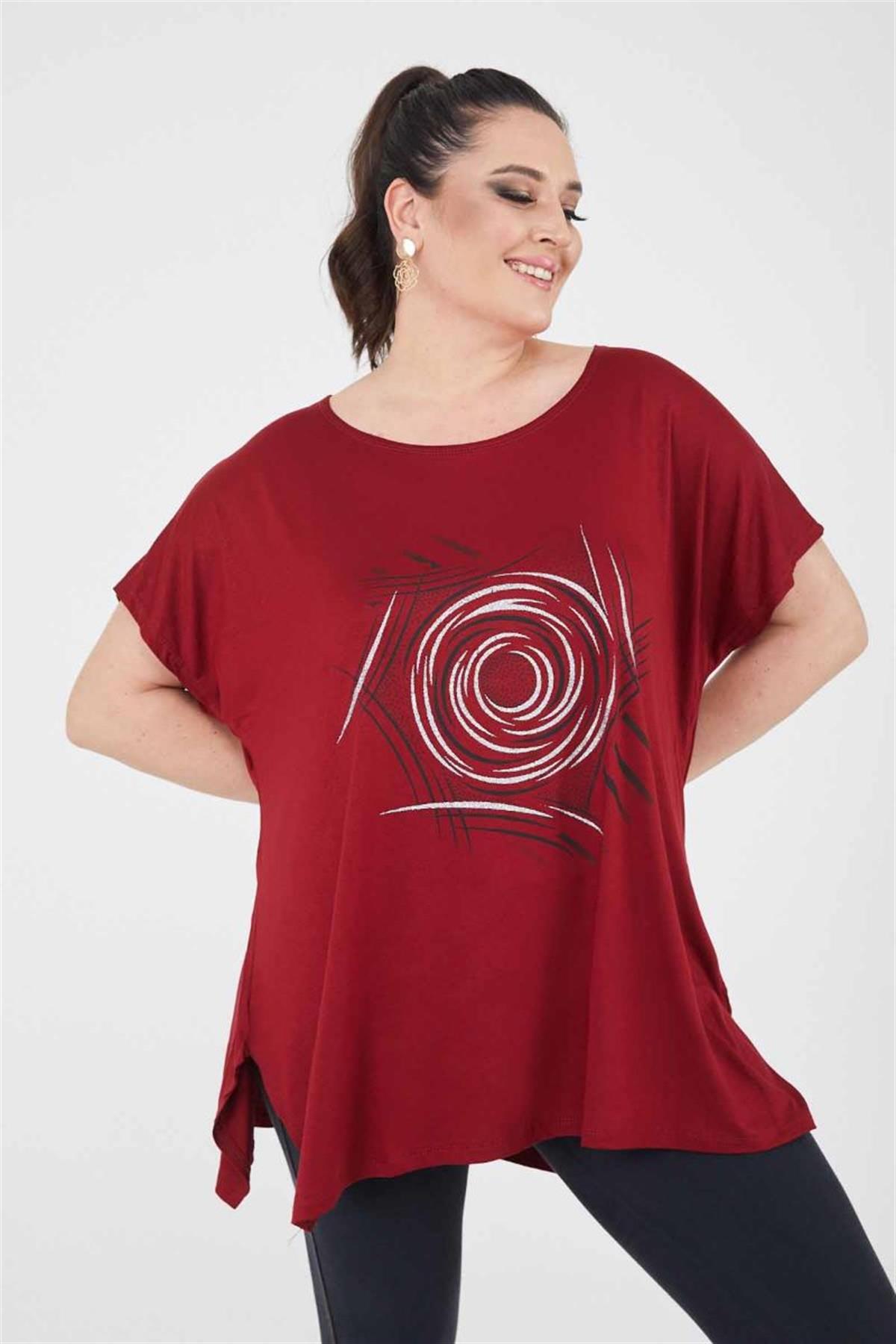 Tshirt Büyük Beden Salaş Yuvarlak Baskı Simli T-Shirt Bordo