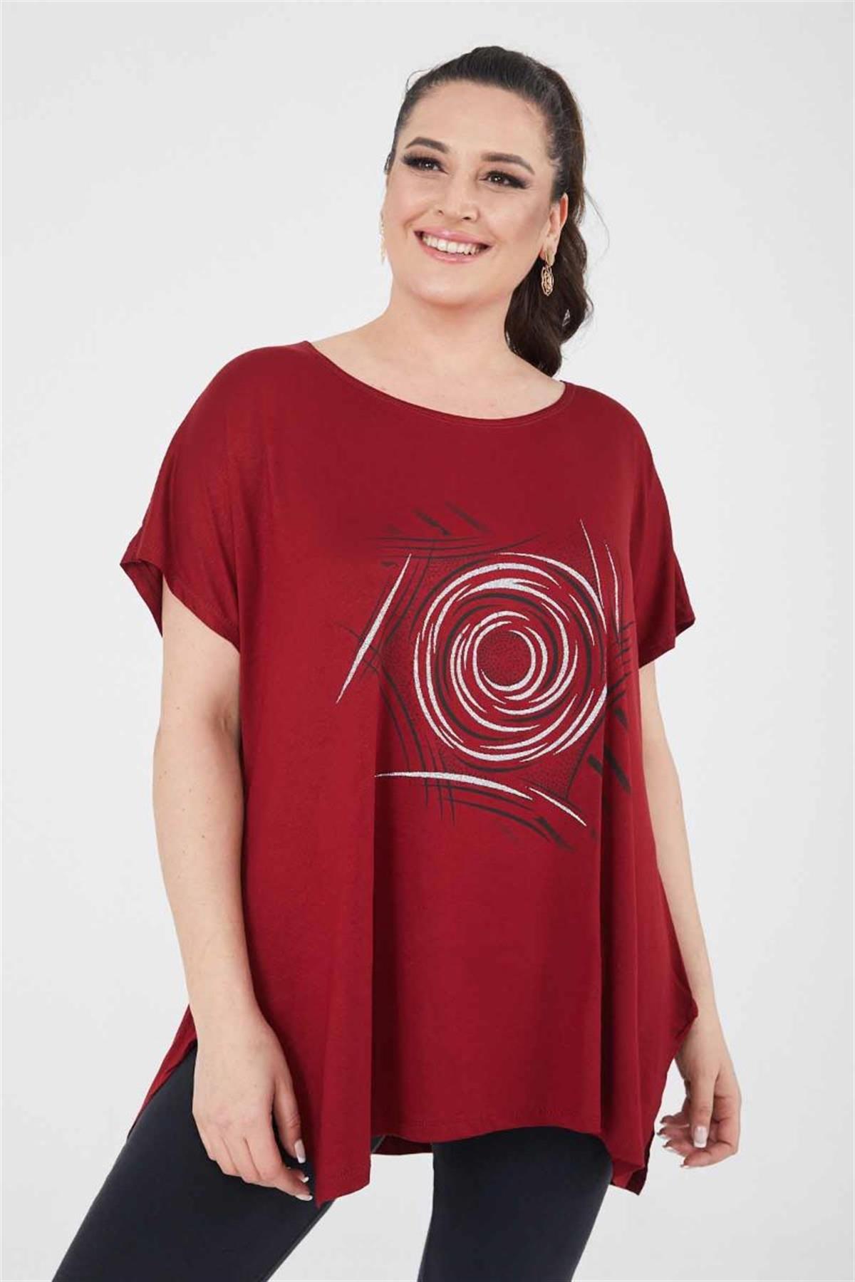 Tshirt Büyük Beden Salaş Yuvarlak Baskı Simli T-Shirt Bordo