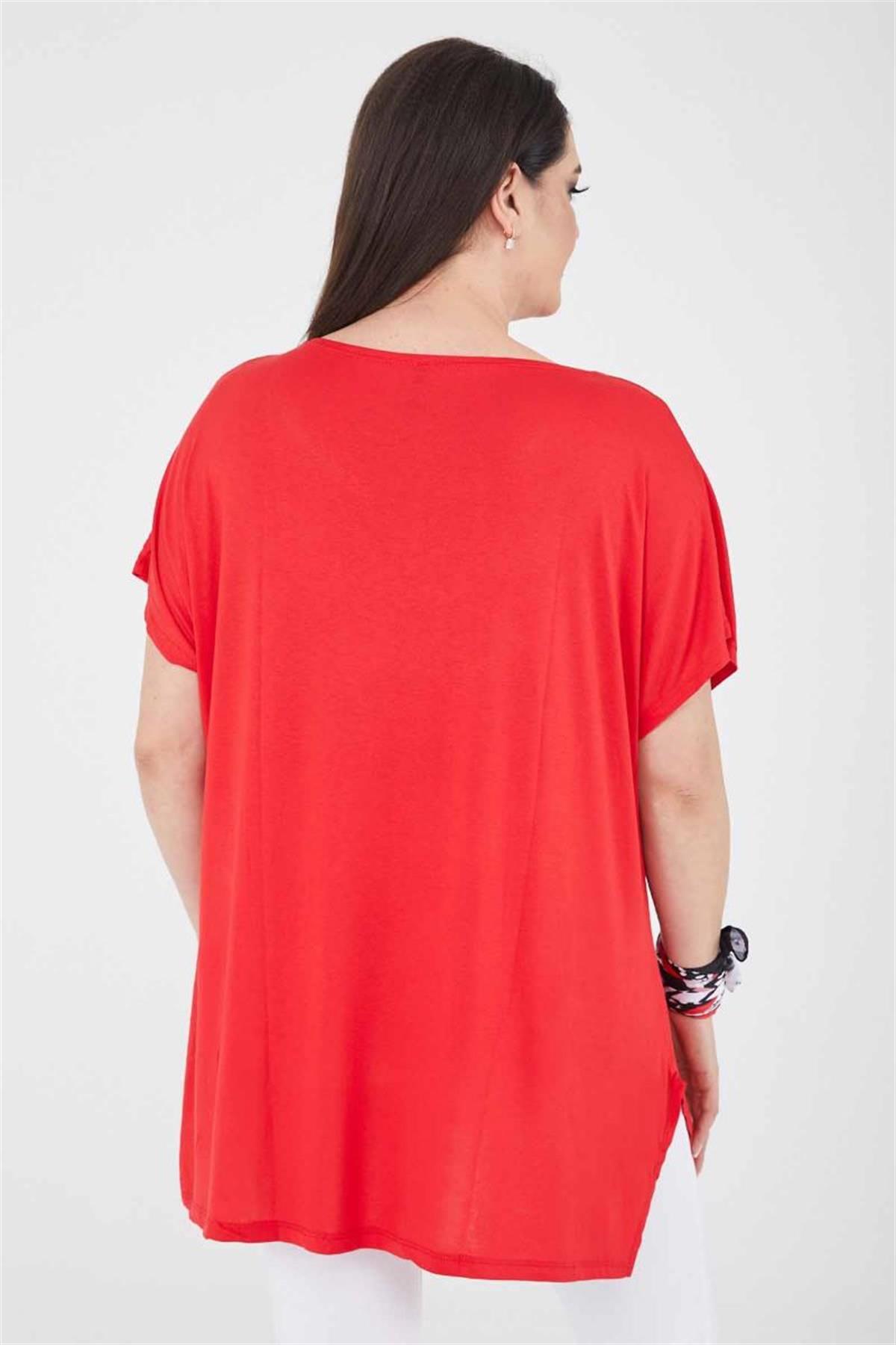 Tshirt Büyük Beden Salaş Yuvarlak Baskı Simli T-Shirt Kırmızı