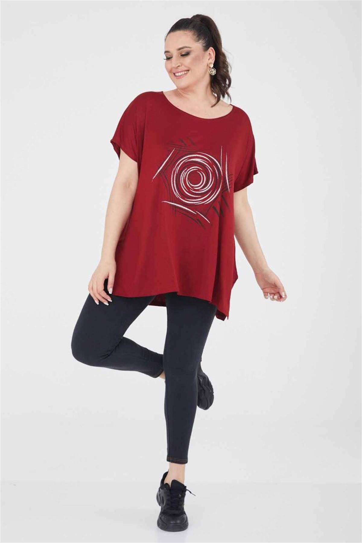 Tshirt Büyük Beden Salaş Yuvarlak Baskı Simli T-Shirt Bordo