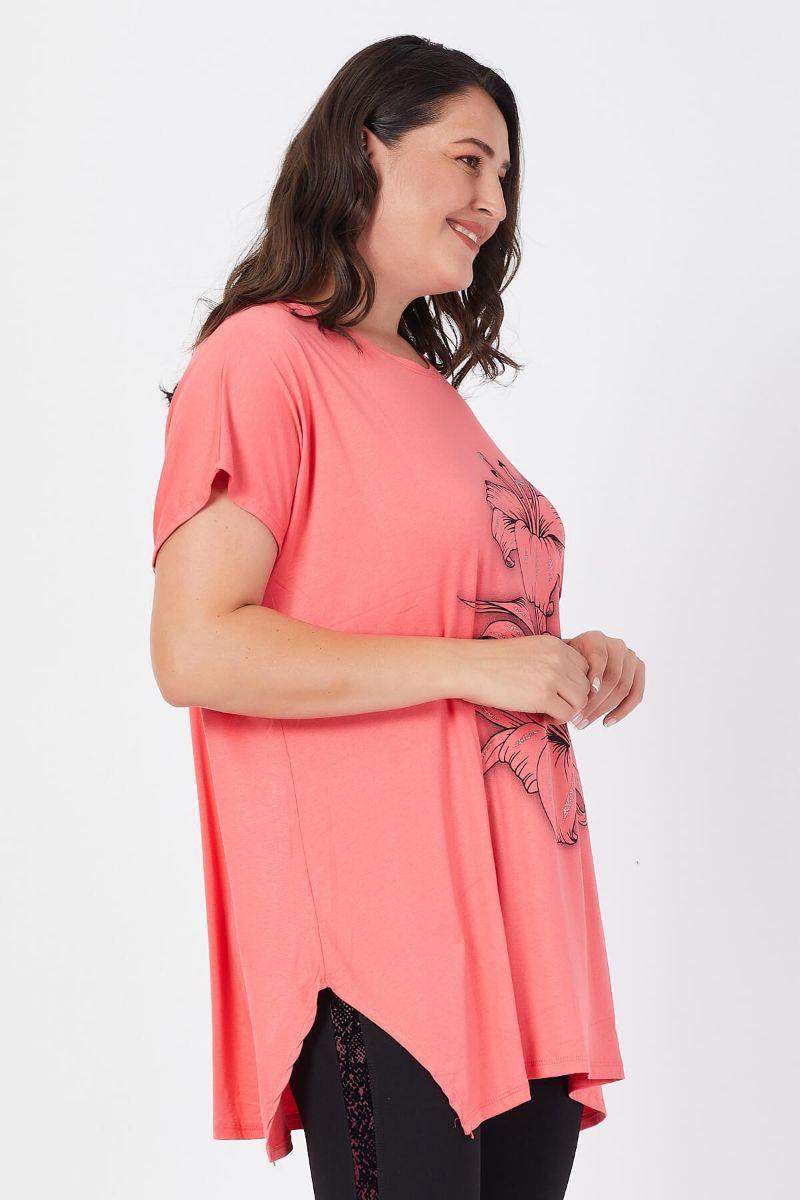 Tshirt Büyük Beden Salaş Zambak Çiçek Baskılı T-Shirt Narçiçeği