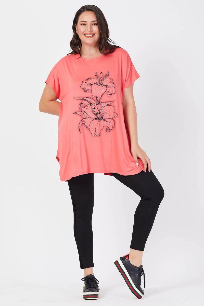 Tshirt Büyük Beden Salaş Zambak Çiçek Baskılı T-Shirt Narçiçeği