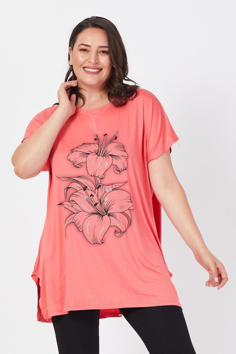 Tshirt Büyük Beden Salaş Zambak Çiçek Baskılı T-Shirt Narçiçeği