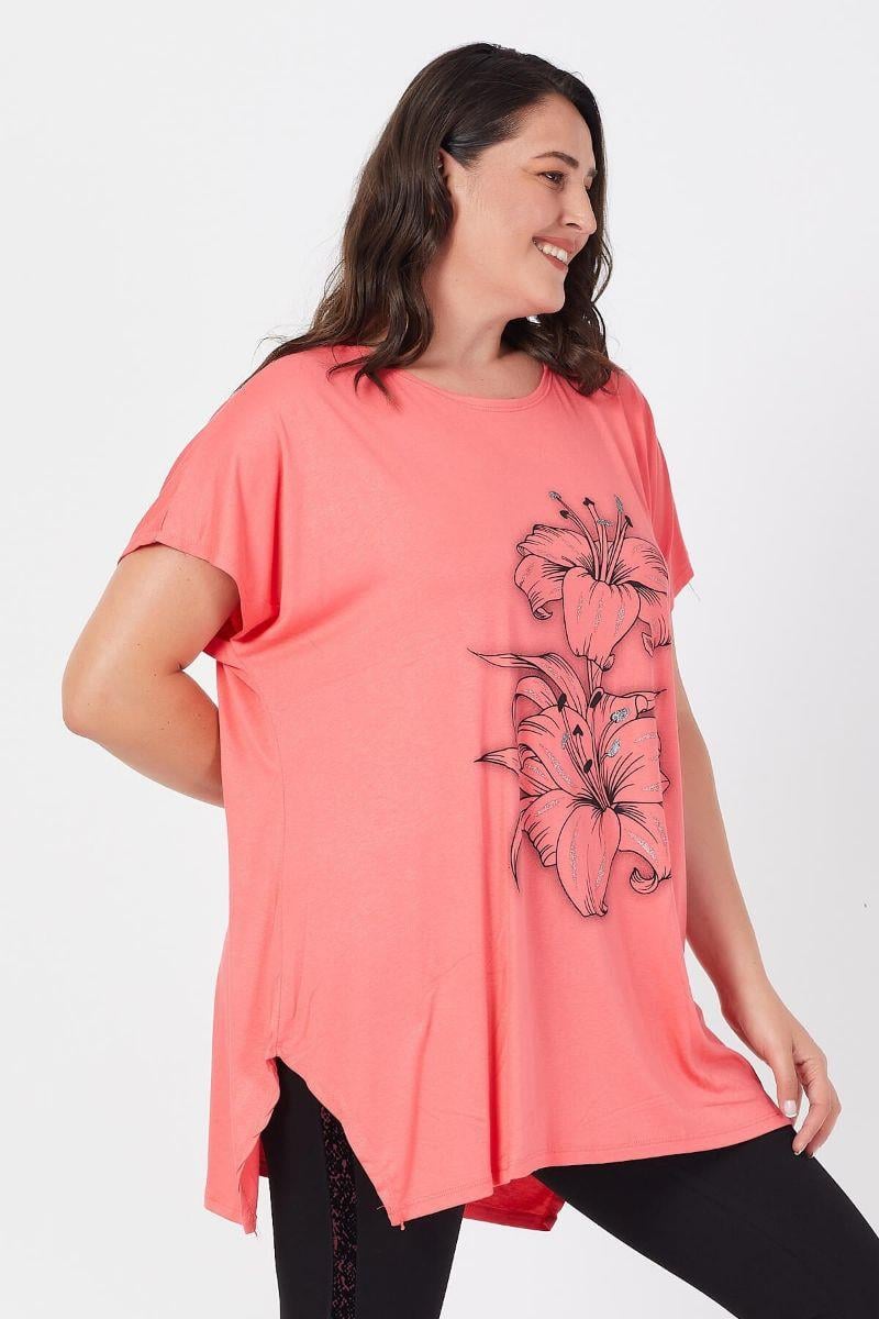Tshirt Büyük Beden Salaş Zambak Çiçek Baskılı T-Shirt Narçiçeği