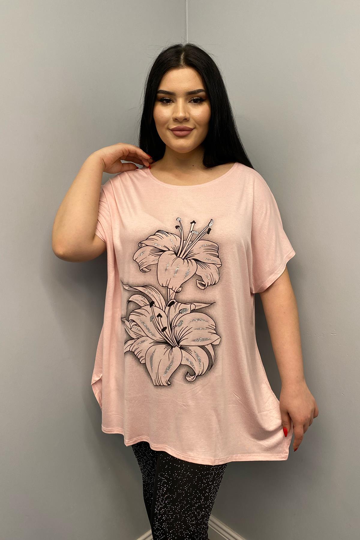 Tshirt Büyük Beden Salaş Zambak Çiçek Baskılı T-Shirt Pudra