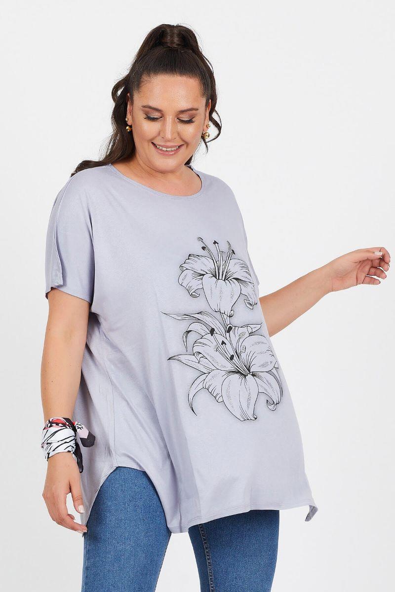 Tshirt Büyük Beden Salaş Zambak Çiçek Baskılı T-Shirt Gri