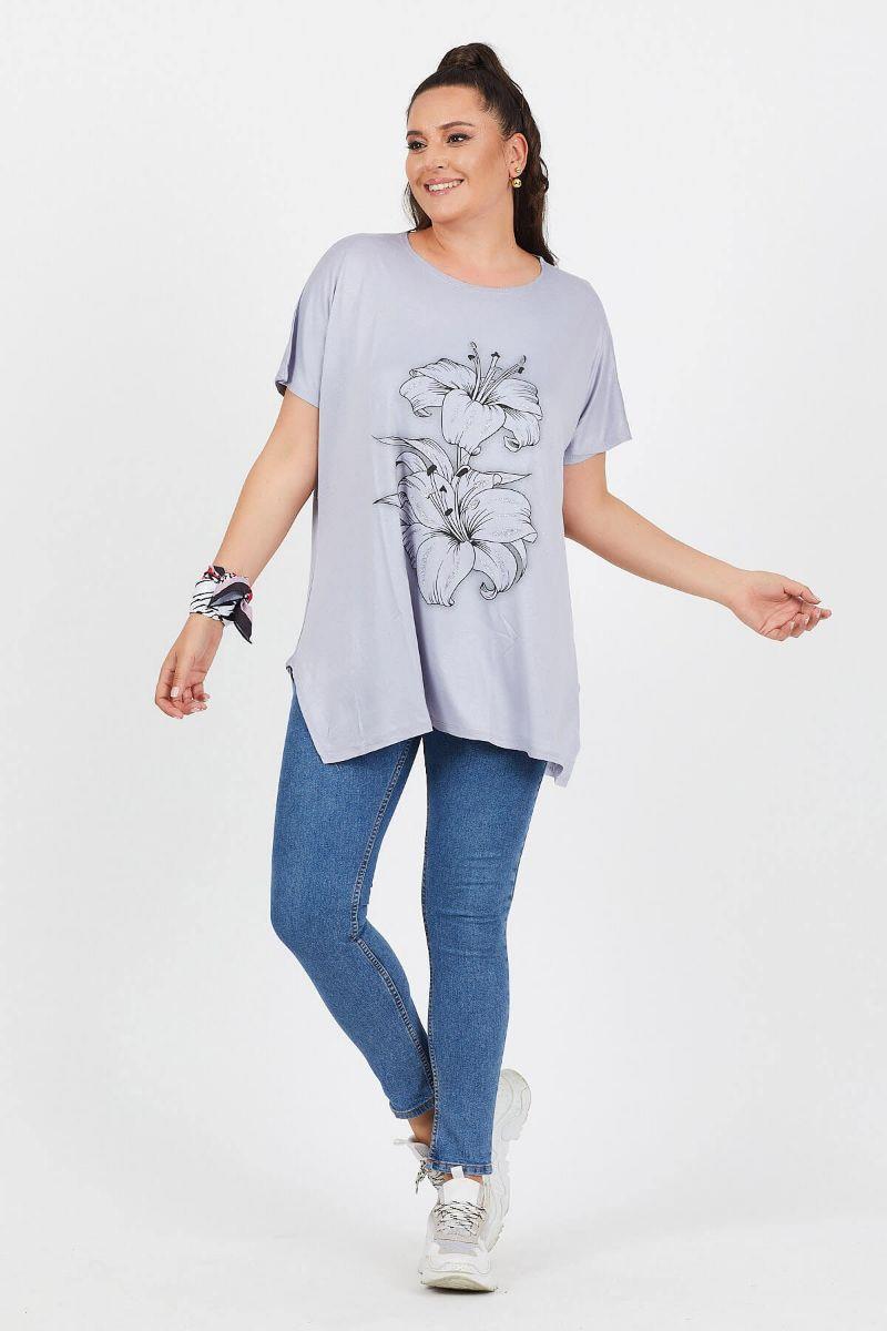 Tshirt Büyük Beden Salaş Zambak Çiçek Baskılı T-Shirt Gri