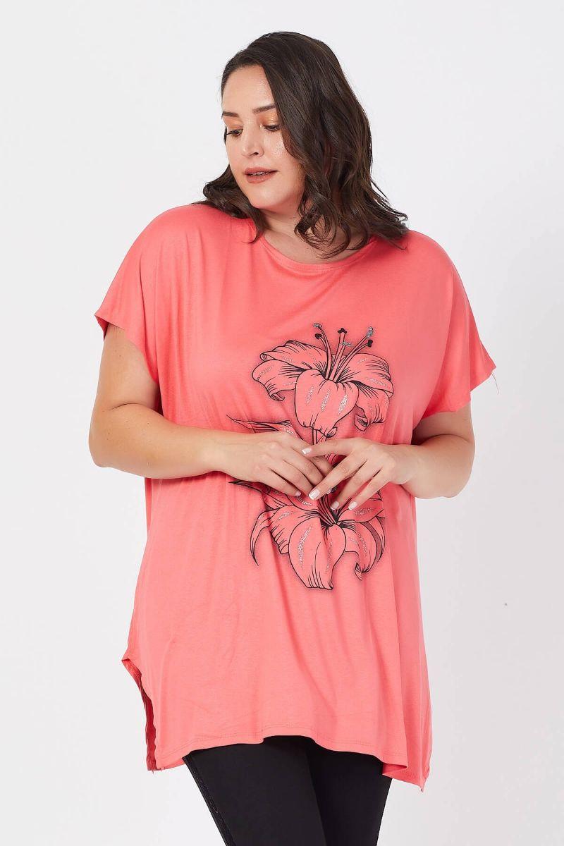 Tshirt Büyük Beden Salaş Zambak Çiçek Baskılı T-Shirt Narçiçeği