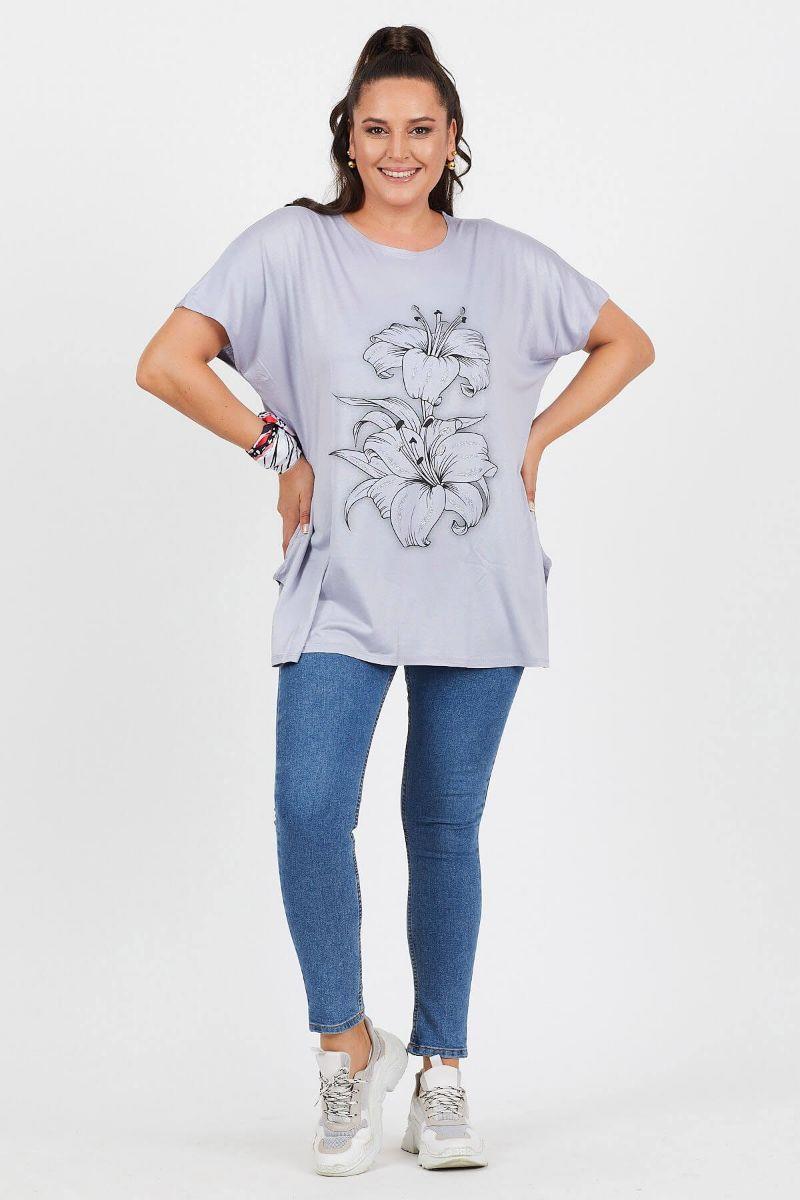 Tshirt Büyük Beden Salaş Zambak Çiçek Baskılı T-Shirt Gri